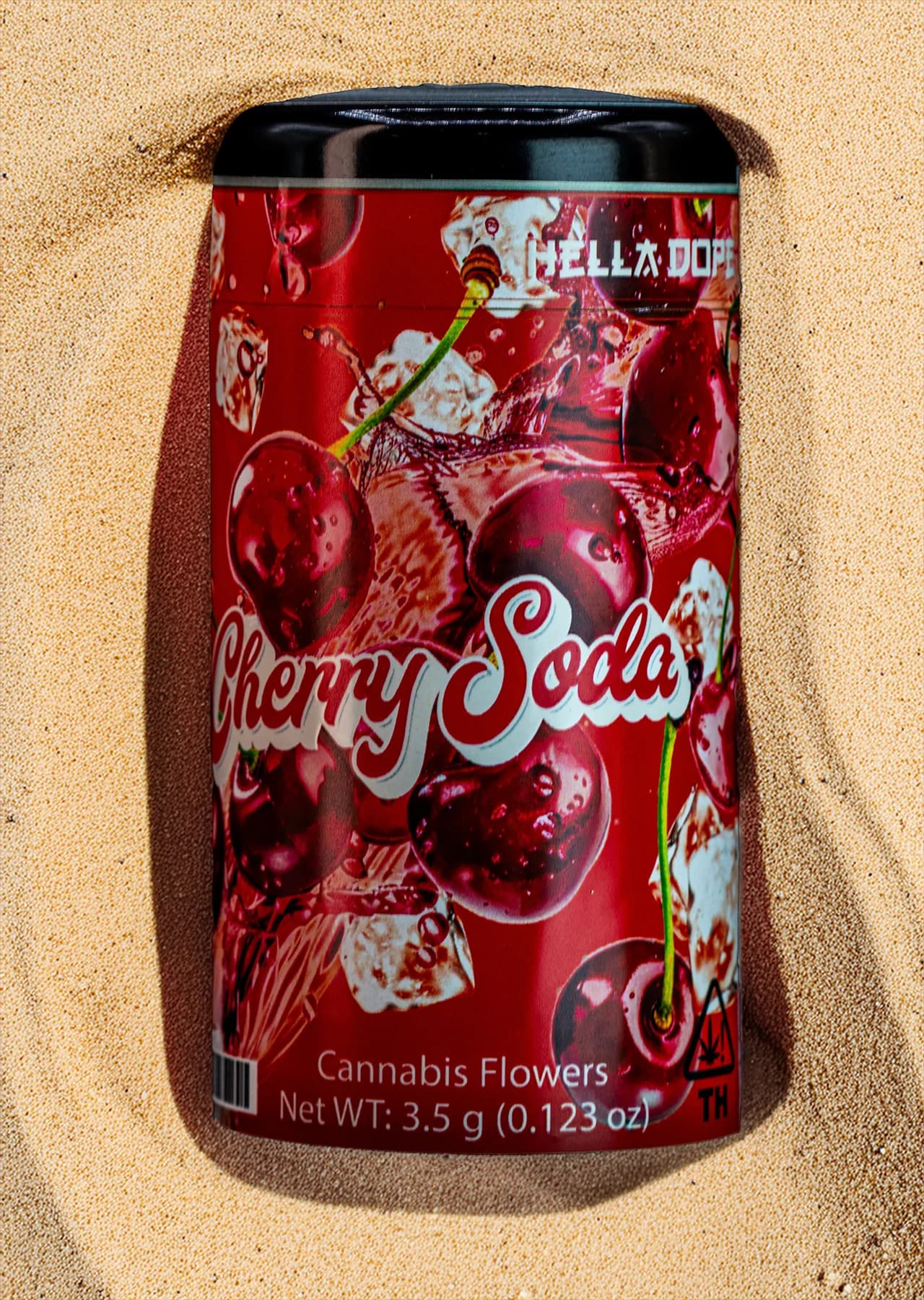 Cherry Soda jar in sand — Hella Dope sativa-leaning drop